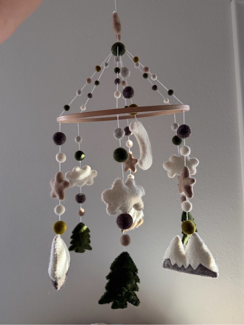 Handmade Woodland Baby Mobile Mountains Clouds Trees Green Wool Felt